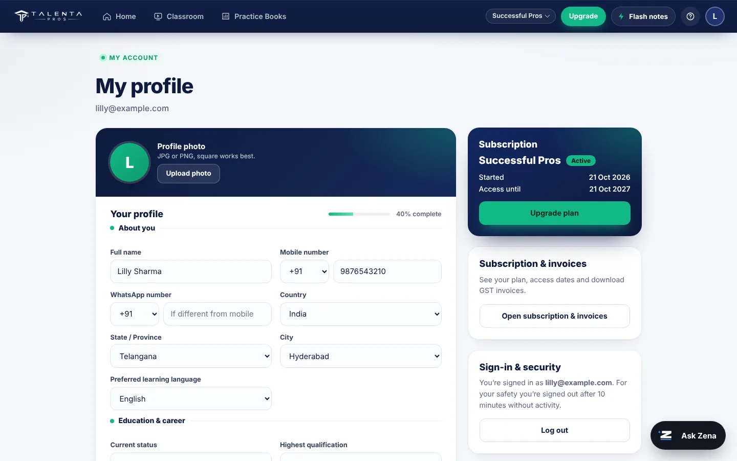 Talenta Pros portal: Profile, plans & invoices